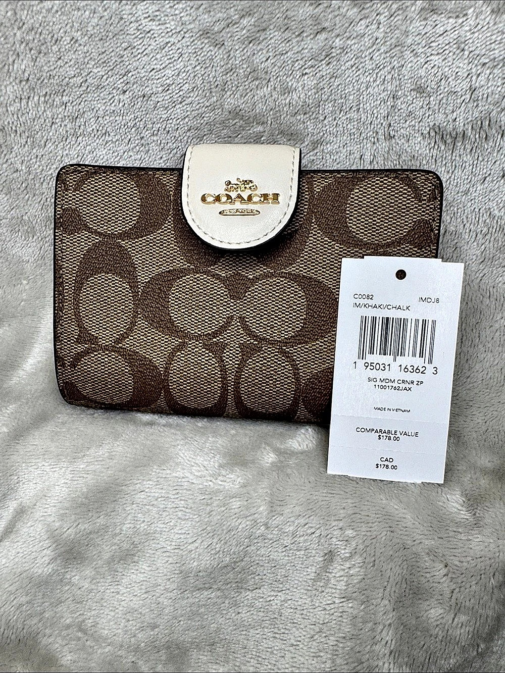 COACH Medium Corner Zip Wallet in Signature Canvas Brown & White
